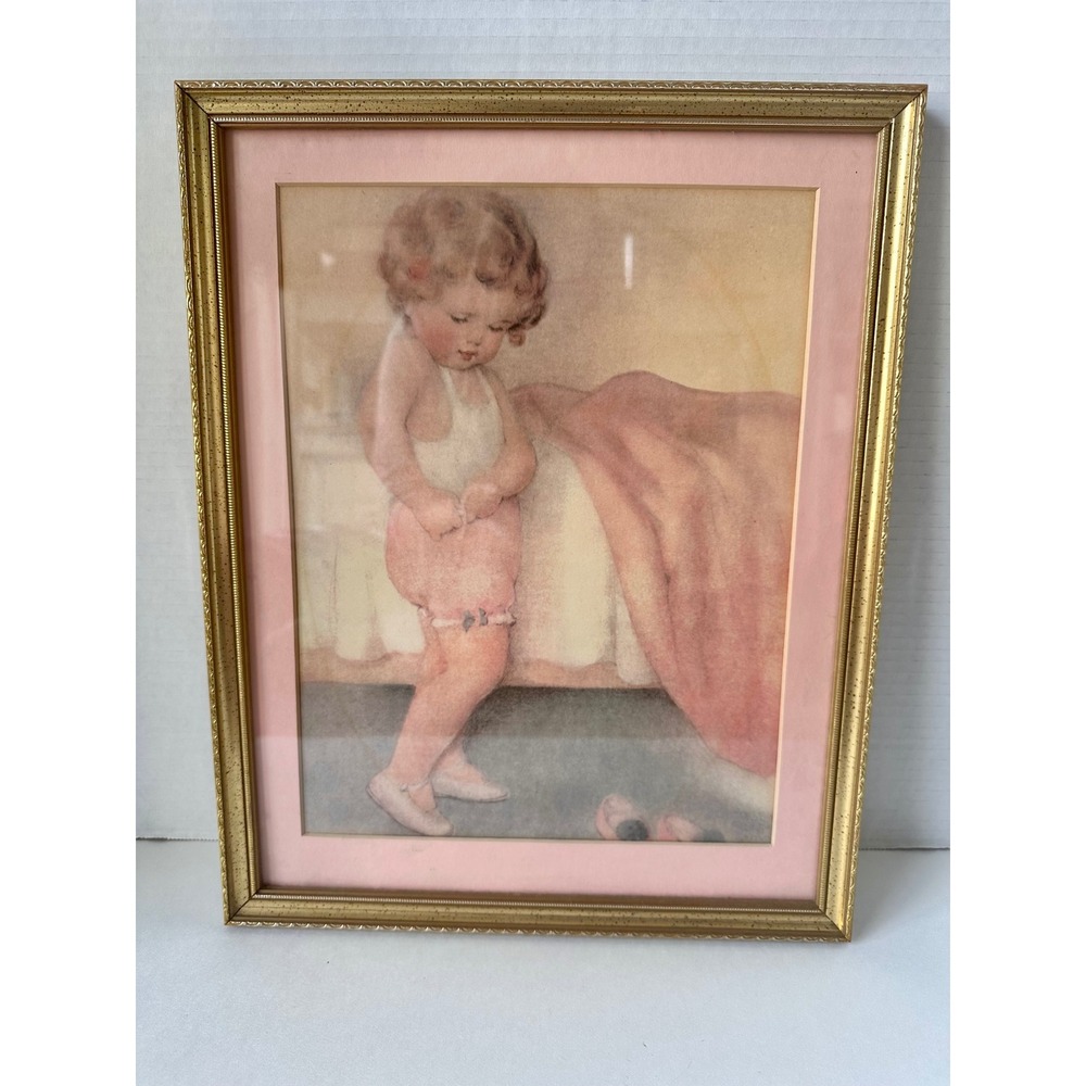 Vintage 1920s Bessie Pease Gutmann Child Nursery Lithograph Ornate Gold Frame